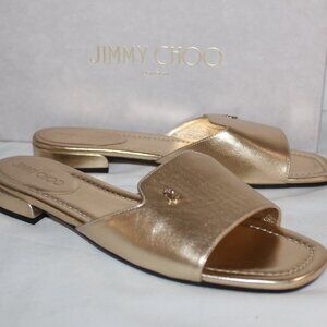 NWB Jimmy Choo Dina Flat Slides Metallic Gold Leather Slip Ons 41